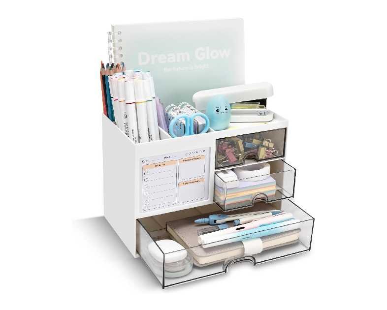 QIYVLOS Desk Organizer with 3 Drawer, Multi-Functional Pencil Pen Holder for Desk