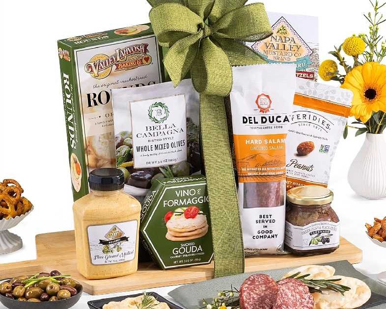 Wine Country Gift Baskets Gourmet Salami and Cheese with Bamboo Cutting Board for Family