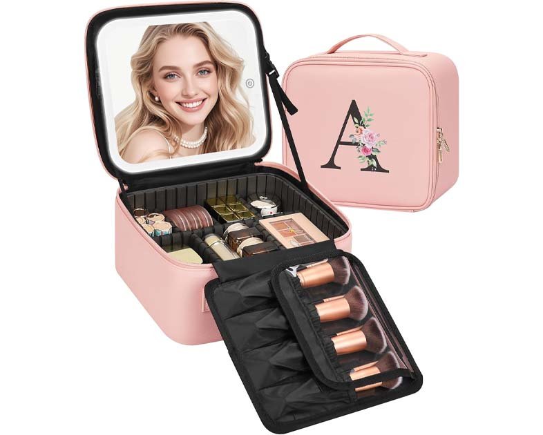 Relavel Initial Makeup Bag with LED Mirror for Women Girls