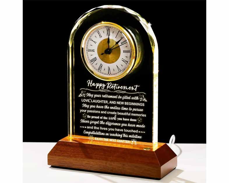 Glass Retirement Clock With Wooden Light Base
