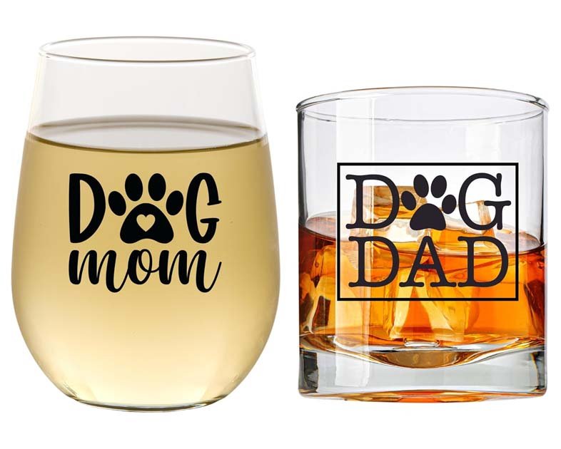 Dog Mom Wine Glass & Dog Dad Whiskey Glass Set