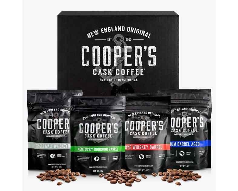 Bourbon & Whiskey Barrel Aged Coffee Box Set with Four Whole Bean Single Origin Coffees