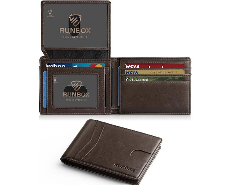 RUNBOX Wallet for Men Slim Rfid Leather 2 ID Window With Gift Box