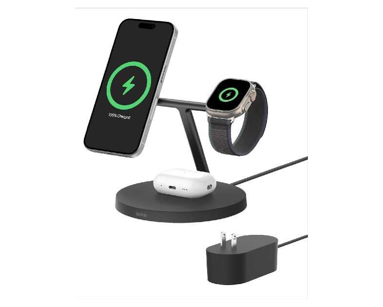 Belkin MagSafe-Compatible Charger, 3-in-1 Wireless Charging Station, Qi2-Certified 15W Wireless Charge for Apple iPhone 17 Series, Apple Watch, AirPods w/Non-Slip Base, 40W Included - Black