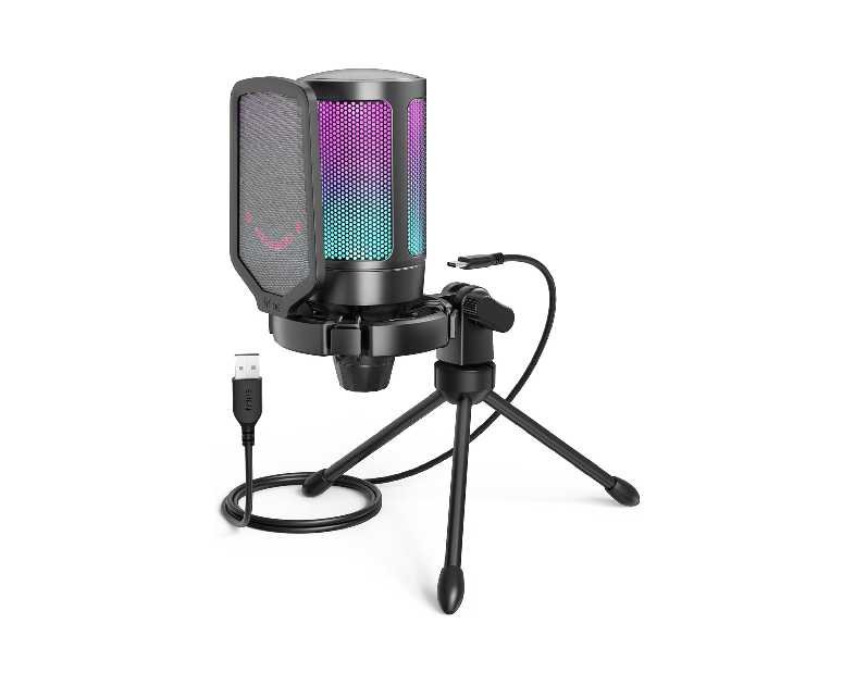 FIFINE Gaming USB Microphone for PC PS5, Condenser Mic with Quick Mute, RGB Indicator, Tripod Stand, Pop Filter, Shock Mount, Gain Control for Streaming Discord Twitch Podcasts Videos- AmpliGame