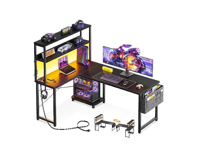 ODK 53 Inch L Shaped Desk with LED Lighting, Reversible Gaming Desk with Power Outlets, Cornor Computer Table with Storage Shelves & Bag & Iron Hook, Home Office Table for Writing, Study, Black