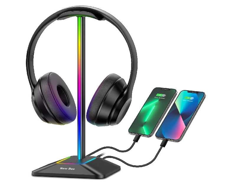 New bee RGB Headphone Stand with 1 USB-C Charging Port and 1 USB Charging Port, Desk Gaming Headset Stand with 7 Light Modes for All Earphone Accessories (Black)
