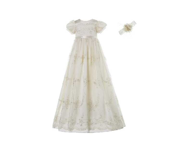 NIMBLE Baby Girls Newborn Christening Embroidered Gown Dress Outfit with Headband,0-15M