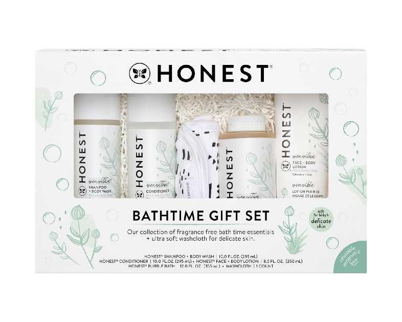 The Honest Company Fragrance Free Bathtime Gift Set | Hypoallergenic Bath Essentials for Sensitive Skin | Shampoo + Body Wash, Face + Body Lotion, Bubble Bath, Conditioner, Wash Cloth