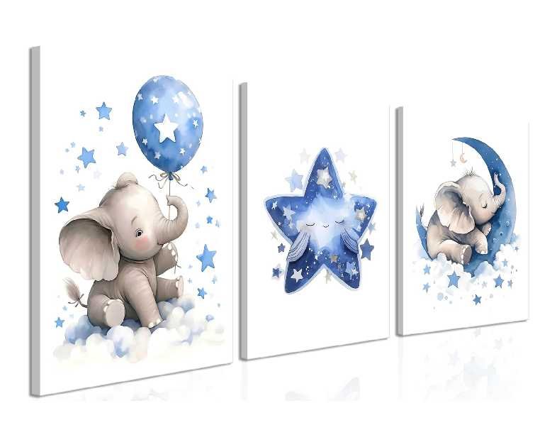Baby Boy Nursery Canvas Wall Art Set of 3, Blue Elephant Moon and Stars Picture Wall Decor Painting, Cute Animal Baby Girl Nursery Posters Prints for Kids Room Bedroom 12x16 In Framed