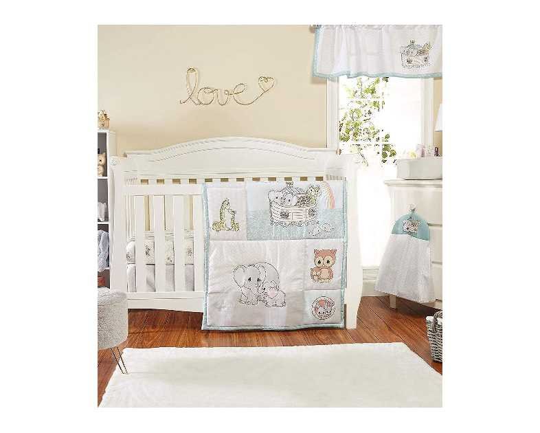 EVERYDAY KIDS Precious Moments Noah’s Ark 4 Pc Crib Bedding for Boys Nursery Set Includes Baby Bed Quilt, Fitted Sheet, Dust Ruffle and Diaper Stacker with Sweet Images of Elephants and Giraffes