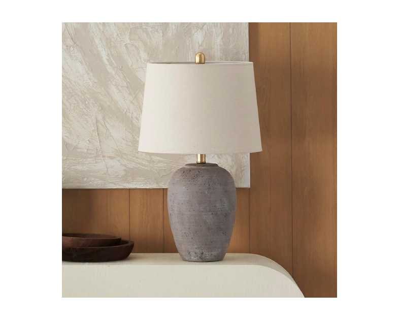 Nourison Home 23" Greyish Brown Earth Tone Rustic Farmhouse Ceramic Table Lamp for Bedroom, Living Room, Dining, Office, with Beige Linen Shade