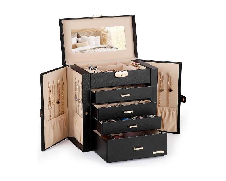 Homde Synthetic Leather Huge Jewelry Box Mirrored Watch Organizer Necklace Ring Earring Storage Lockable Gift Case (Black + Gold)