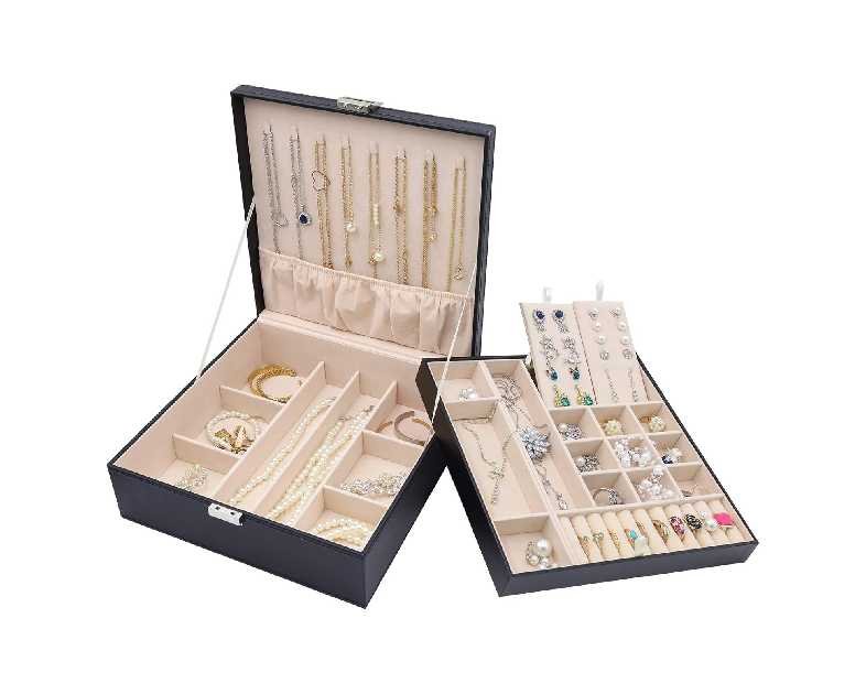 ProCase Jewelry Box for Women, 2 Layers Large Leather Jewelry Organizer Storage Case with Removable Pad for Earrings -Black