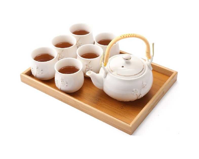 Dujust Japanese Tea Set, White Porcelain Tea Set with 1 Teapot Set, 6 Tea Cups, 1 Tea Tray, 1 Stainless Infuser, Cute Asian Tea Sets for Adults/Tea Lover/Women/Men (Plum in Golden)