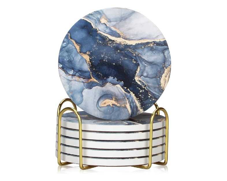 6 Pcs Navy Blue Marble Abstract Ceramic Coasters with Holder Best Absorbent Drink Coasters Round Ceramic Table Coasters Set Decorative Coffee Cup Beverage Coasters Wine Beer Bar Coasters