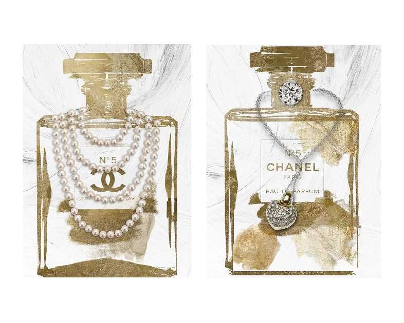 2 Pieces Vintage Perfume Bottle Wall Art Gold Canvas Pictures Wall Decor Modern Luxury Fashion Posters Print Glam Artwork Picture for Bedroom Make up Room Home Decor 12"x16"(30x40cm)