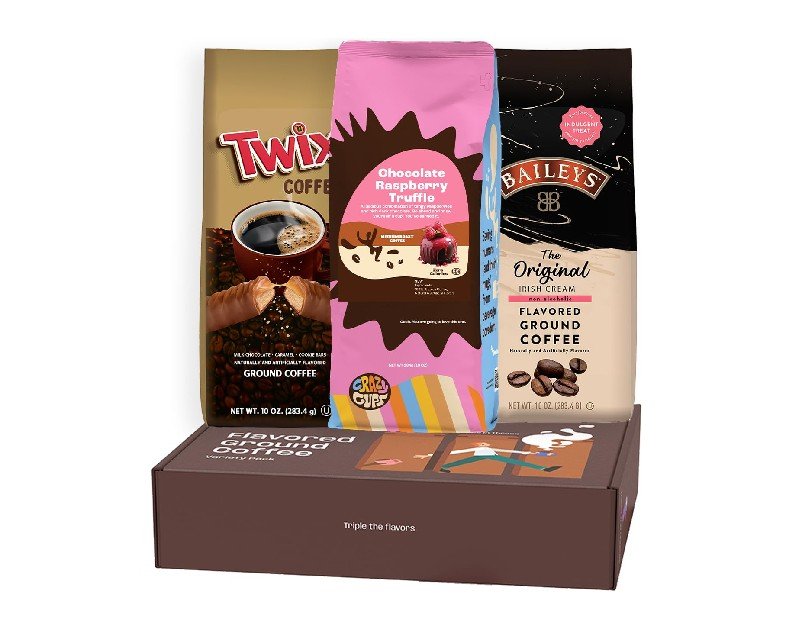 Perfect Samplers Flavored Ground Coffee Gift Box Variety Pack, Twix, Baileys Original, Chocolate Raspberry Coffee, Medium Roast Ground Coffee Sampler, 3 Pack