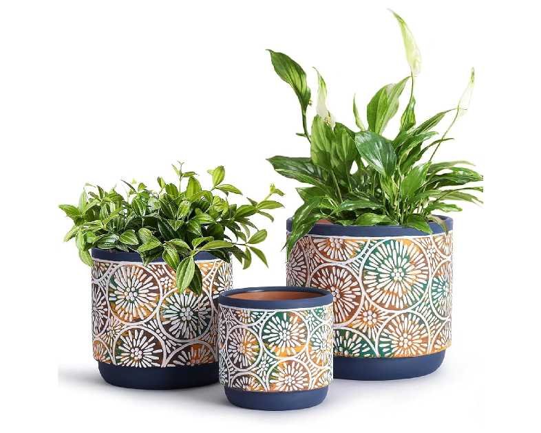 DeeCoo 3 Piece Ceramic Plant pots Indoor Pots Set with Drainage Holes, 5.7/4.7/3.5/inch, Modern Decorative pots Outdoor Plants Lilies, Cacti, Succulents, Snakes, and Bamboo (Blue)