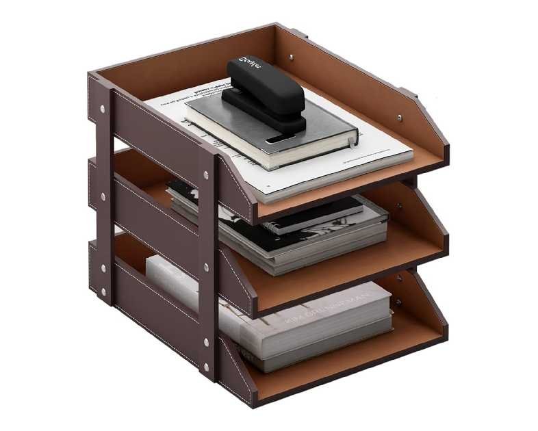 Leather Desk Organizer, Thipoten 3-Tier Stackable Letter Tray Holder for Office Supplies, Paper, File, Magazine, Perfect Office Organization for Desktop (Brown-3Tiers)
