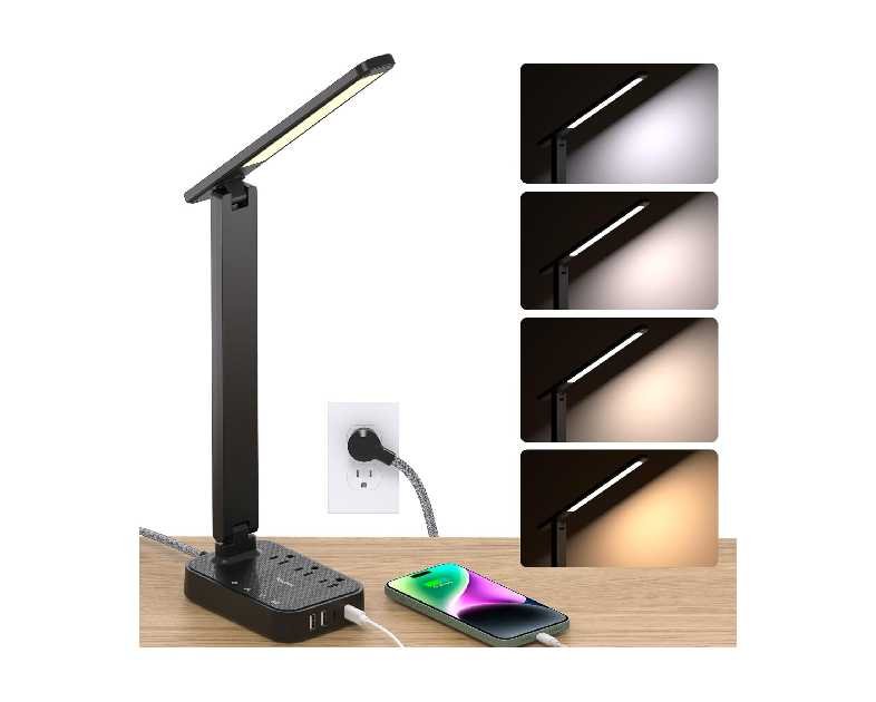 Addtam LED Desk Lamp, Power Strip with 3 Outlets 4 USB Charging Ports(2 USBC), 4 Modes 5 Level Brightness Touch Lamp, Small Desk Lamp for Home Office College Dorm Room Essentials
