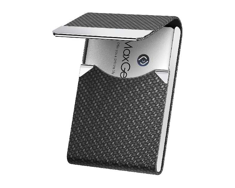 MaxGear Business Card Holder, PU Leather & Stainless Steel Business Card Case for Men or Women, Slim Name Cards Holder RFID Blocking Credit Cards Carrier with Magnetic Closure, Black Carbon