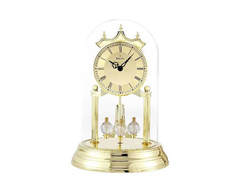 Bulova Tristan I Desk and Table Clock | Model B8818 | Polished Brass Finish | Polished Metal Base | Floating Dial | Roman Numerals | Elegant Pendulum Design