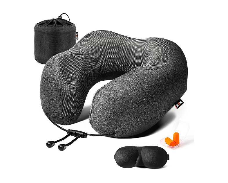 MLVOC Travel Pillow 100% Pure Memory Foam Neck Pillow, Comfortable & Breathable Cover, Machine Washable, Airplane Travel Kit with 3D Contoured Eye Masks, Earplugs, and Luxury Bag, Standard (Black)