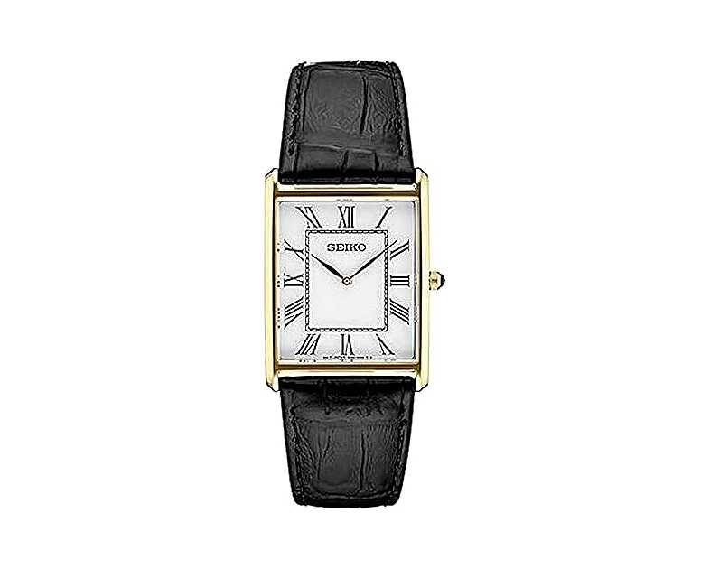 Seiko Essentials Watch for Men - Essentials - Water Resistant with Stainless Steel Rectangular Case and Leather Strap