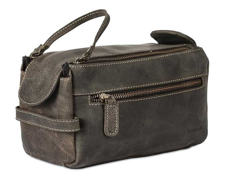 KomalC Premium Buffalo Leather Toiletry Bag for Men & Women – Leather Dopp Kit With Water resistant Lining, Premium Toiletry Travel Pouch, Unisex Wash Bag for Toiletries, Gifts for Men and Women
