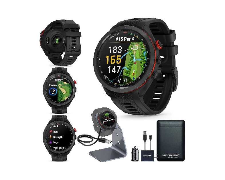 Garmin Approach S70 Golf Smartwatch, Full-Color CourseView Maps AMOLED Display, Advanced Shot Execution & Putt Alignment, Immersive Golfing Experience w/Signature Stand Power Bundle