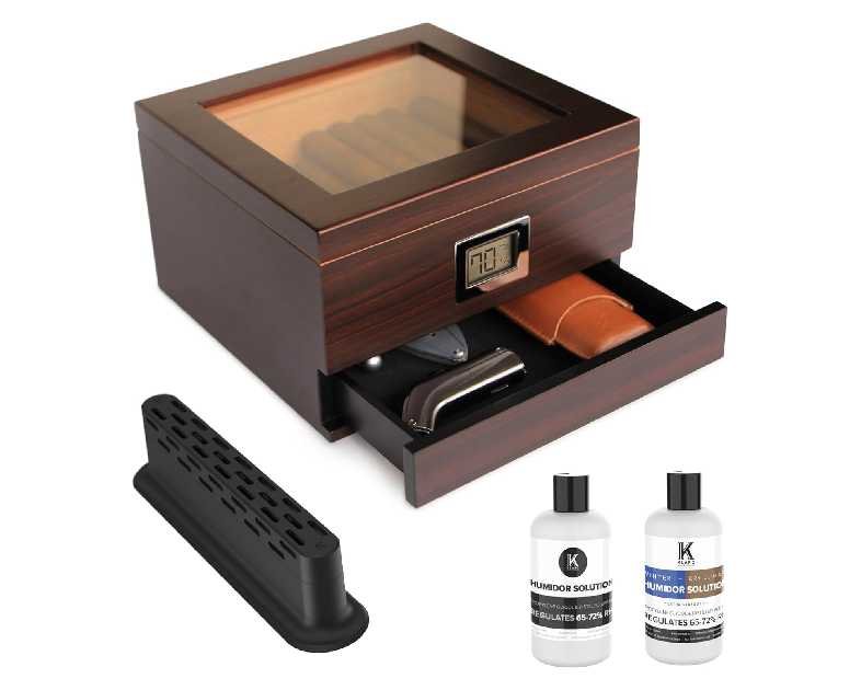 CASE ELEGANCE Glass Top Humidor with Thick Cedar, Easy humidification System, Accurate Digital Hygrometer - Renzo, Brown