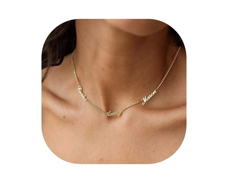 Personalized Name Necklace with Curb Chain,18K Gold Plated Handmade Personalized Necklace with Kid Name Family Choker Nameplate Necklace Mother Day Jewelry Gift for Mom