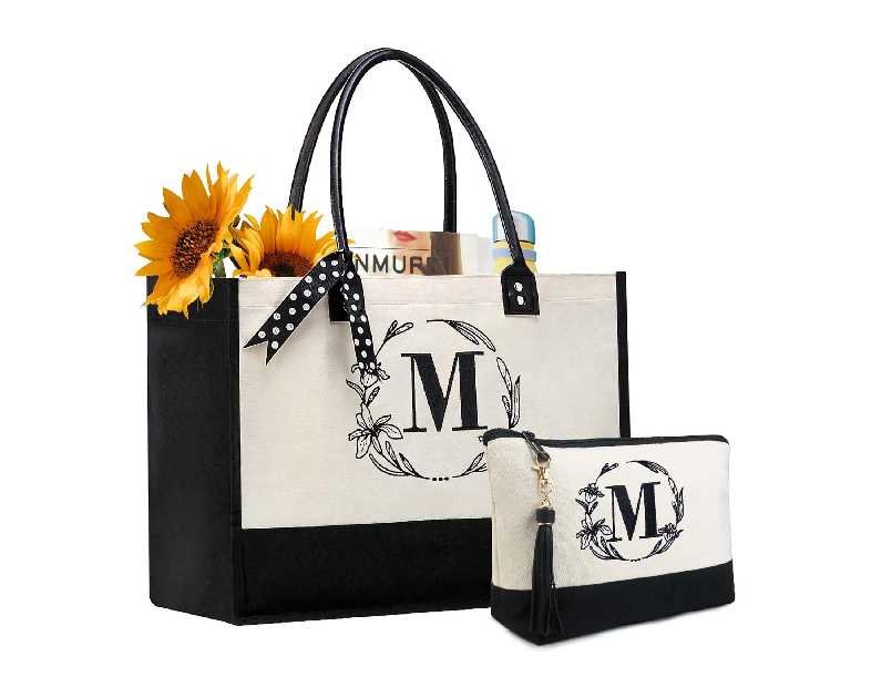 BeeGreen Christmas Birthday Gifts Personalized Women's Large White and Black Canvas Tote Bag, Embroidered Initials, Leather Handle, Zipper Closure