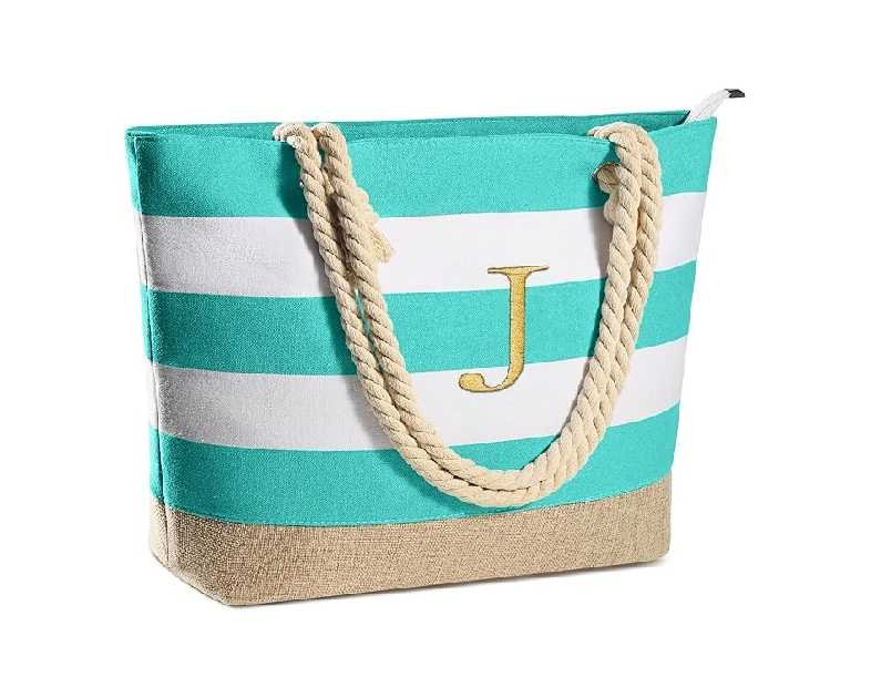YOOLIFE Initial Canvas Waterproof Beach Tote Bag Zipper Personalized Gifts for Women Her Birthday Travel Beach Essential