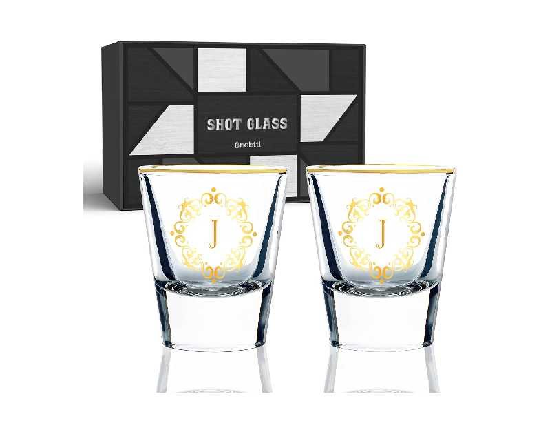 Personalized Shot Glass Set, Custom Gifts for Tequila, Vodka, or Whiskey Lovers, Birthday, Christmas Gifts for Him, Her, 2 Pack, with Initial J