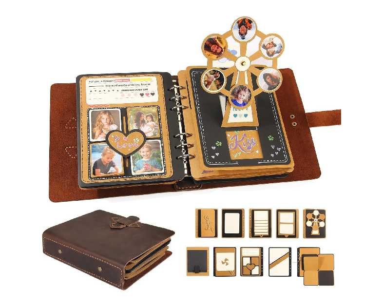 Handmade Genuine Leather Scrapbook Photo Album – DIY 3D Interactive Memory Book for Wedding, Baby, Family Photos (Travel, Anniversary, Birthday Gift)- D.Brown