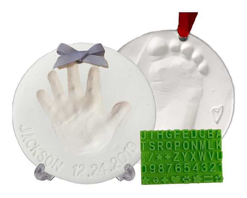 Baby Handprint Footprint Keepsake Ornament Kit (Makes 2) - Bonus Stencil for Personalized Christmas, Newborn, New Mom & Shower Gifts. 2 Easels! Non-Toxic Clay, Air-Dries Light & Soft, Won't Crack.