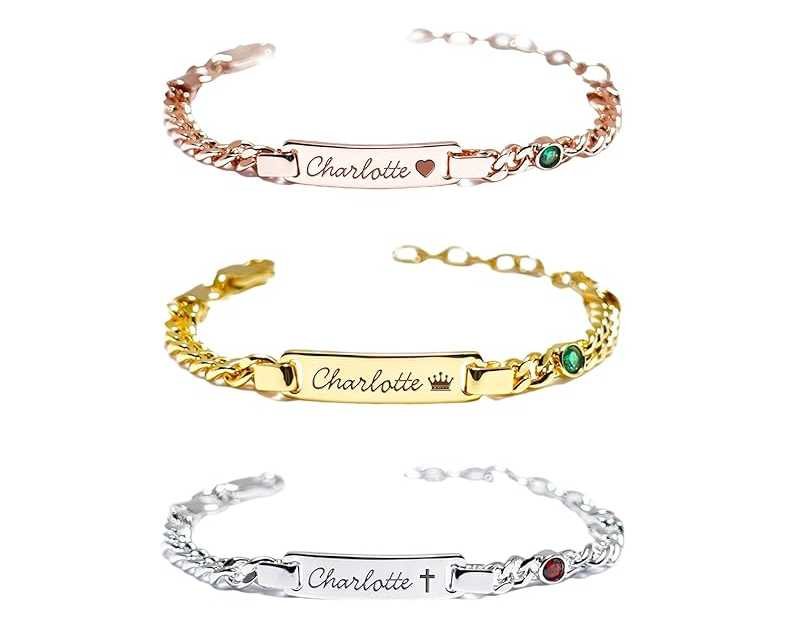 Personalized Baby Name Bracelets with Birthstone, 18k Gold Plated, Adjustable Length, Double-Sided Customisable, with Gift Wrap