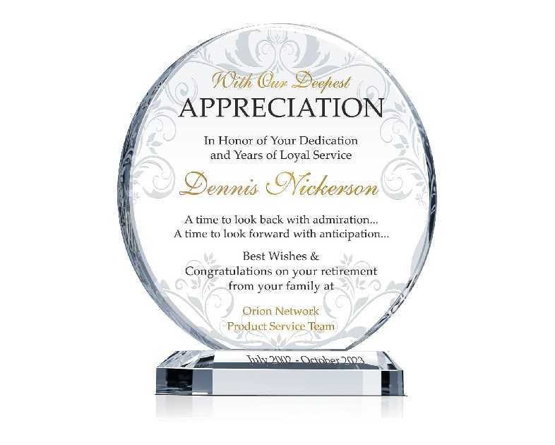 Custom Engraved Crystal Retirement Plaque – Personalized Gift for Employee, Manager, Coworker, or Friend (M-6.5")