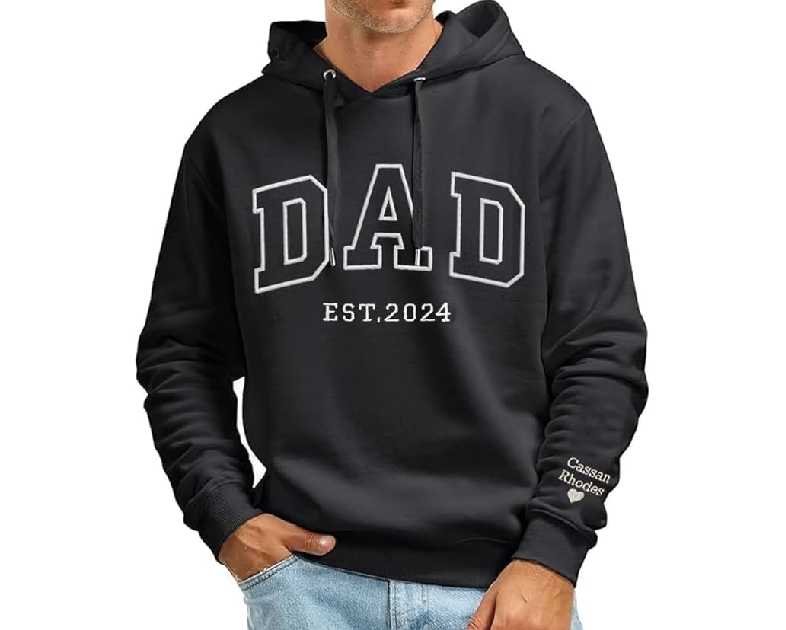 GODMERCH Personalized Embroidered Dad Est Hoodie with Kid Names on Sleeve, Dad Sweatshirt Hoodie for Men, Gifts for Dad Daddy Husband Grandpa Fathers Day Christmas