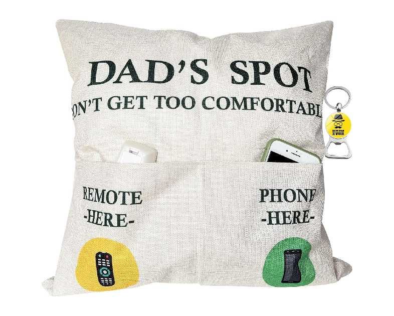Dad Gifts, 2-Pocket Dad's Spot Throw Pillow Covers 18 x 18 Inch + Engraved Bottle Opener