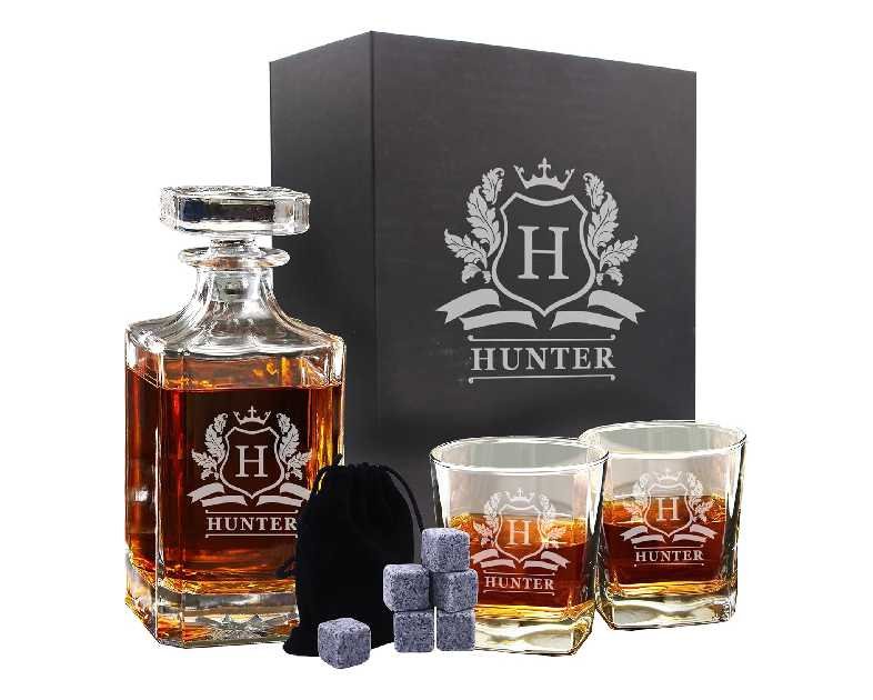 Personalized Whiskey Decanter and Glasses Set - Custom Monogrammed with Cavalier Design