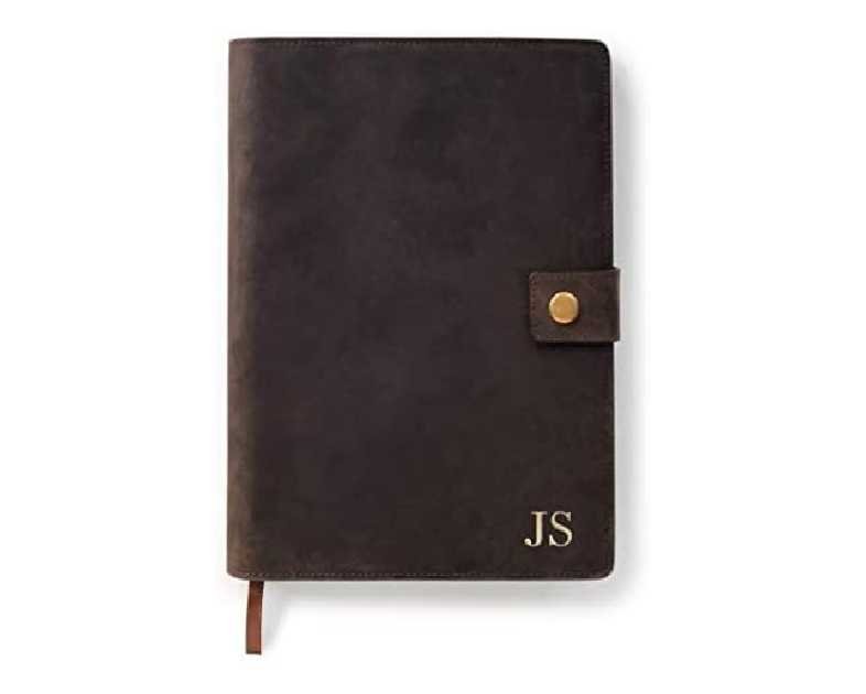 CASE ELEGANCE Full Grain Premium Leather Refillable Journal Cover with A5 Lined Notebook, Pen Loop, Card Slots, Brass Snap (Monogrammed Brown)