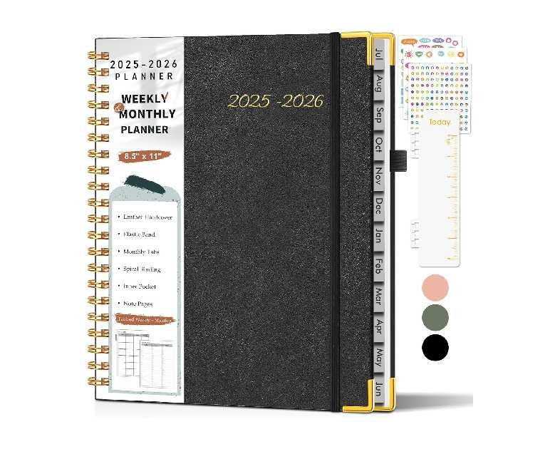 Academic Planner 2025-2026, Weekly and Monthly Calendar Planner from July 2025 - June 2026, 8.5" x 11" Hardcover Leather Hourly Appointment Book with Tabs, Spiral Daily Planners for College School Teacher Student, Black