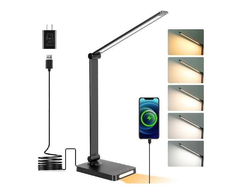 LED Desk Lamp with USB Ports,Touch Desk Lamps for Home Office with 5 Color Modes,3 Brightness Desk Light with Small Night Light,Reading Lamp Table Lamp for Bedroom Bedside Study Black （with adapter）