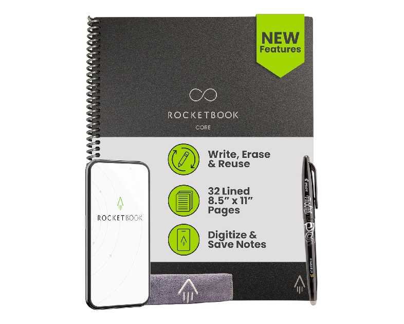 Rocketbook New Core Reusable Spiral Notebook, Letter Size 8.5x11, Black - Lined Pages, App-Connected, Erasable, Durable Cover, Ideal for School, Work, and Creative Projects