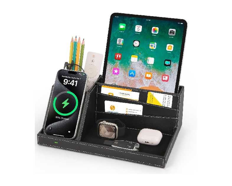 Fast Wireless Charging Station with Desk Organizer for iPhone 17/16/15/15 Pro/14/14 Pro Max/14 Pro/14 Plus/13/13 Pro Max/13 Pro/and iPhone 12/11 Series, Nightstand Desktop Organizer for Home Office