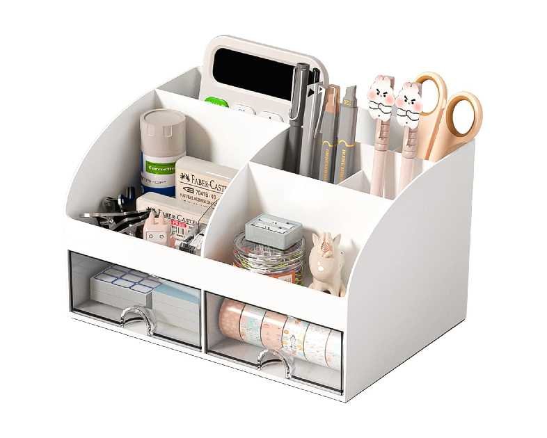 Desk Organizer with 6 Compartments and 2 Drawers, Plastic Makeup Organizer, Pen Holder for Desktop Storage, Desk Organization for School, Home, Office Supplies (White)