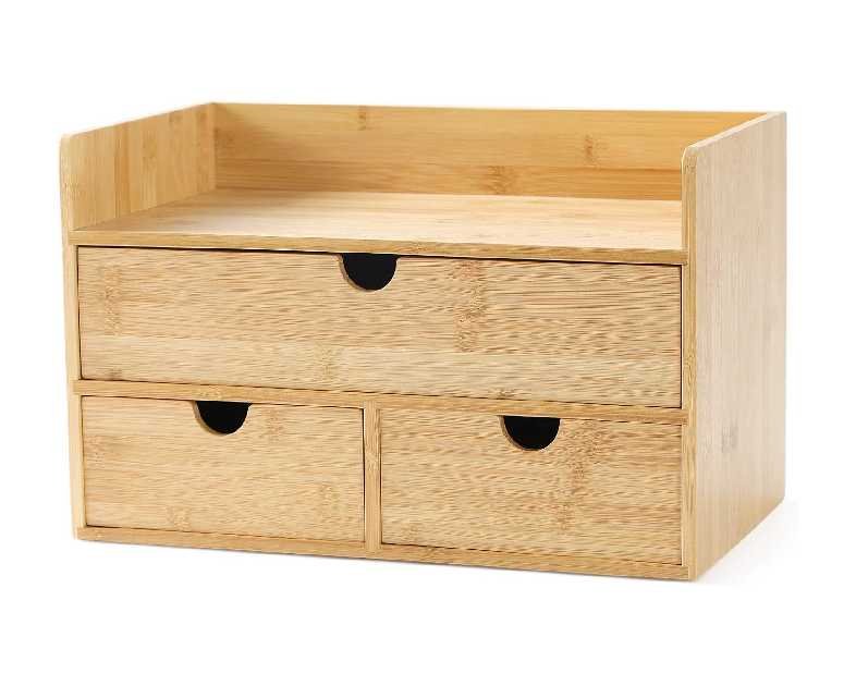 Wisuce Bamboo Desk Organizer, Mini Desktop Drawer Tabletop Storage Organization Box for Office Home Toiletries Supplies Vanity, No Assembly Required (3 Drawer with Shelf)